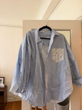 For Love & Lemons Light Blue Striped Button-Down with Floral Pocket